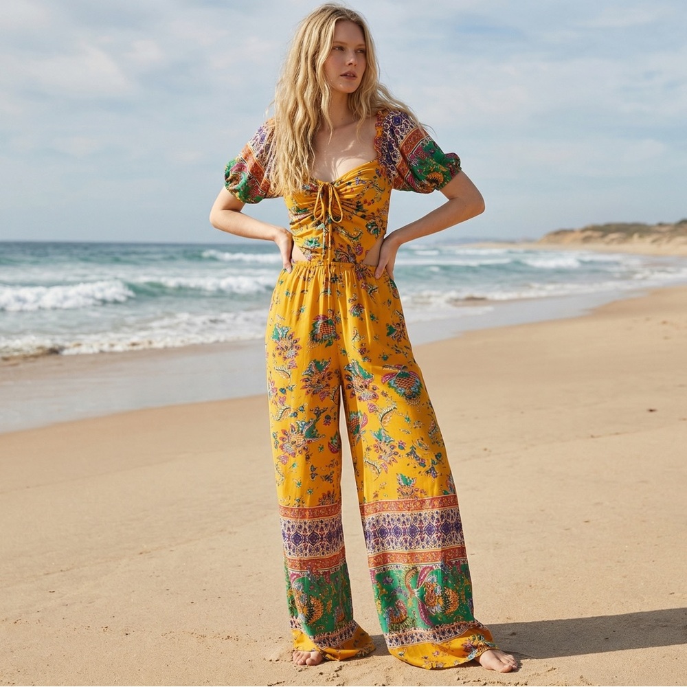 Free People Bali Citrus Skies Bohemian Wide Leg Jumpsuit Tangerine Medium